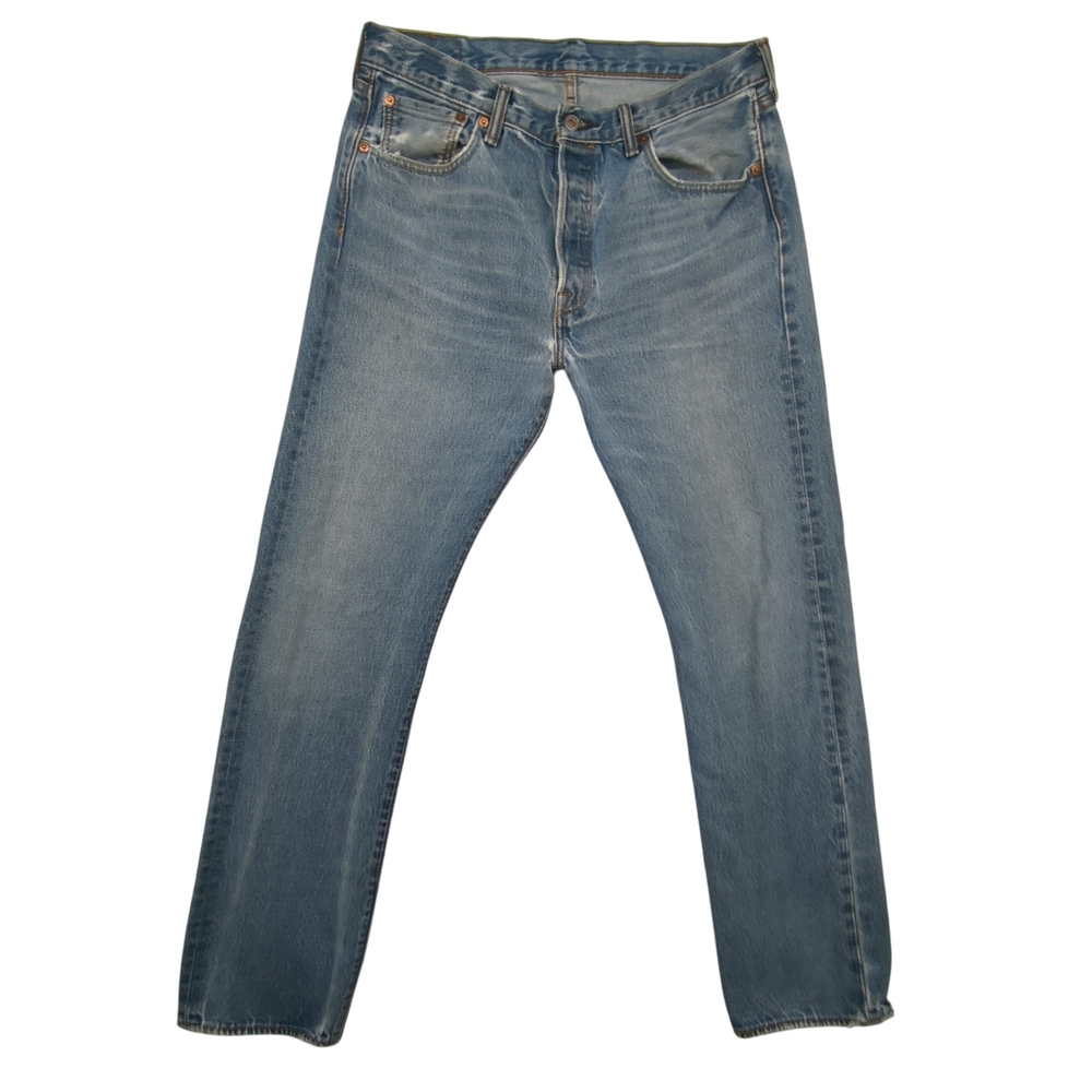 Levis 501 Jeans Mens 34x34 Button Fly Straight Leg Distressed Denim 4001